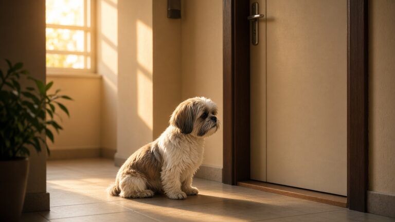 Cão pequeno de pelagem longa sentado no corredor sob luz de fim de tarde, olhando para a porta fechada, em expectativa.