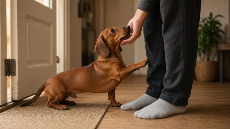 Dachshund em reencontro seletivo na porta, olhar fixo em uma pessoa