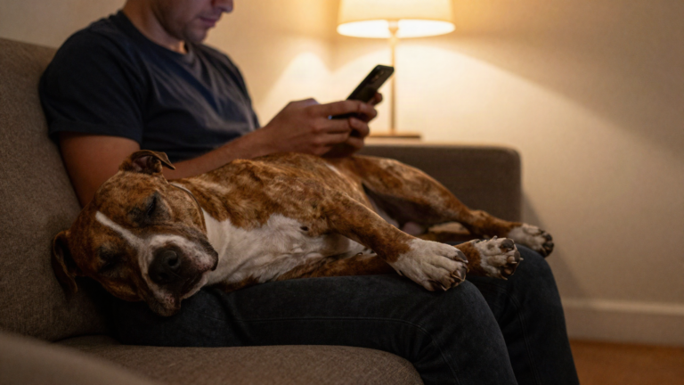 Pitbull brindle adormecido no colo de pessoa que rola o celular sob luz de abajur.