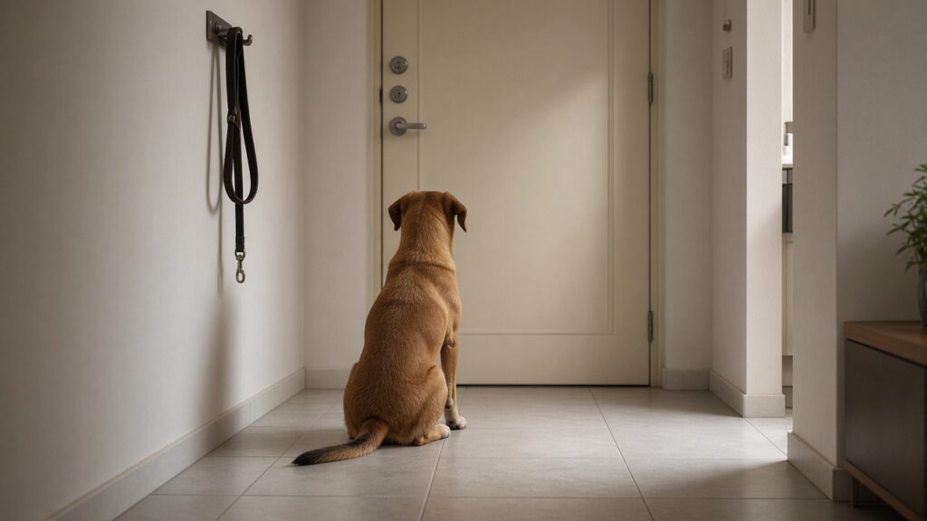 Cão caramelo na porta da casa olhando o corredor após a saída — sem olhar para a câmera.