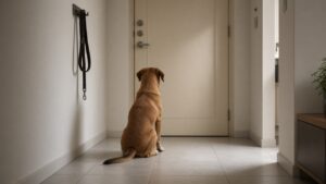 Cão caramelo na porta da casa olhando o corredor após a saída — sem olhar para a câmera.