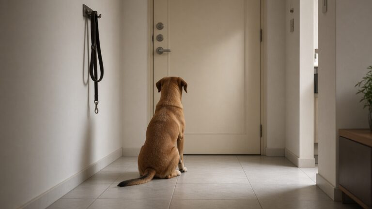 Cão caramelo na porta da casa olhando o corredor após a saída — sem olhar para a câmera.