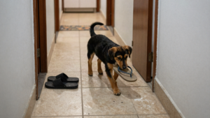Filhote mestiço preto e canela no corredor de piso cerâmico, carregando um chinelo bege na boca enquanto caminha — olhar baixo no chão, sem olhar para a câmera; tapete ao fundo e outro chinelo preto no canto.