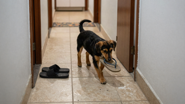 Filhote mestiço preto e canela no corredor de piso cerâmico, carregando um chinelo bege na boca enquanto caminha — olhar baixo no chão, sem olhar para a câmera; tapete ao fundo e outro chinelo preto no canto.