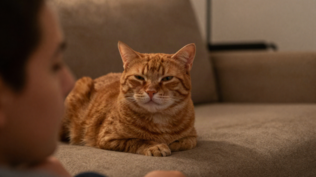 Gato laranja no sofá piscando devagar para o rosto desfocado de uma pessoa sob luz de abajur.
