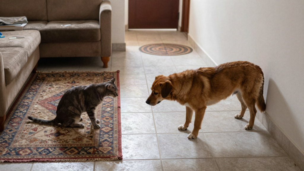 Gato tabby cinza sentado em tapete estampado e cão mestiço caramelo em pé no piso cerâmico se observam com tensão leve na sala — nenhum olha para a câmera; corredor e segundo tapete ao fundo.