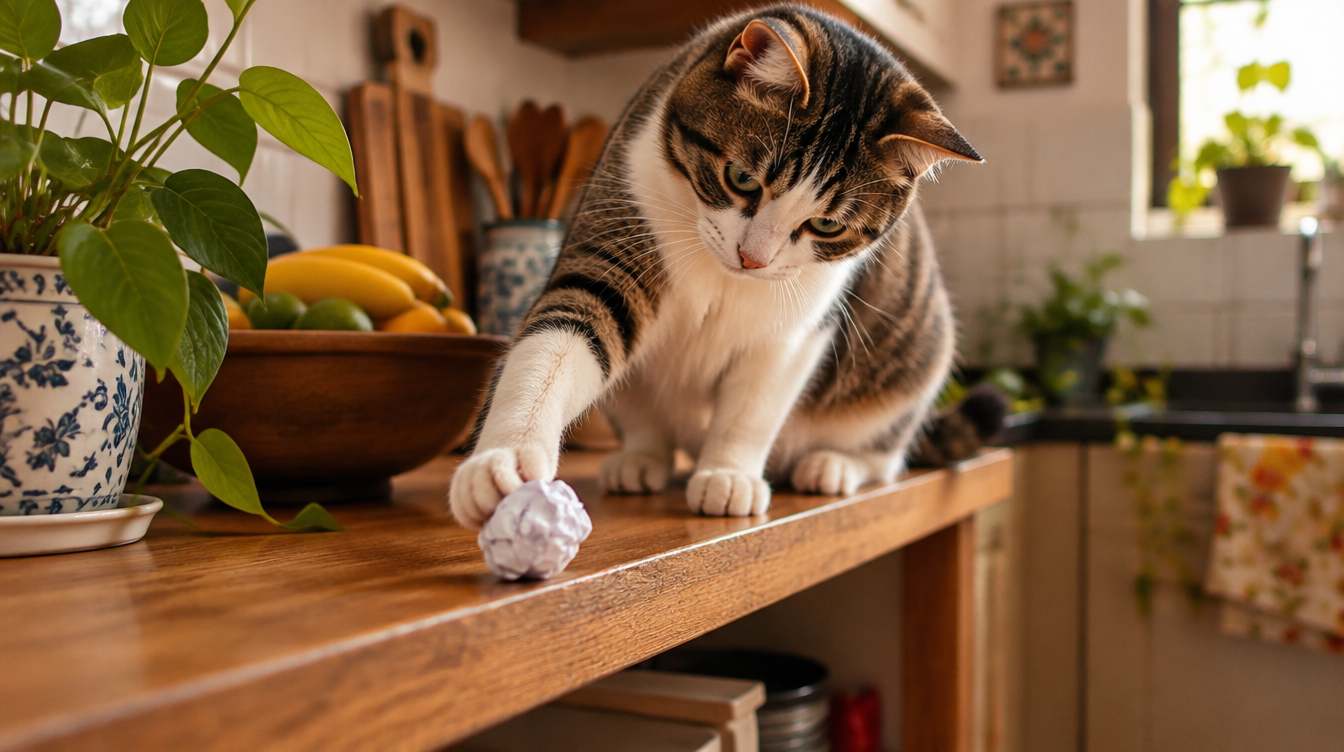 Gato siamês-mix no meio do tapa derrubando caneca na borda da granita; pata no ar; olha o objeto.