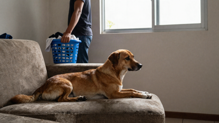 Cão caramelo mestiço deitado no sofá de um apartamento brasileiro, olhando para a janela, enquanto uma pessoa ao fundo segura cesto de roupa.