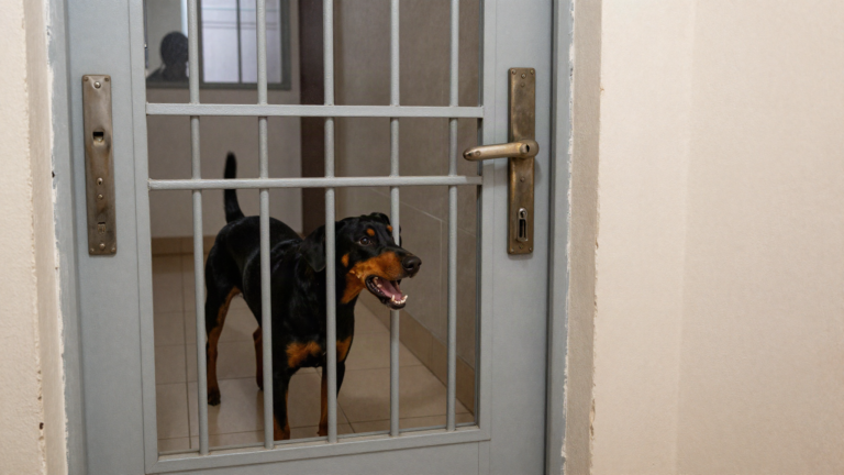 Pinscher/SRD preto-canela alertando atrás da grade da porta com múltiplas fechaduras; silhueta de visita ao fundo.